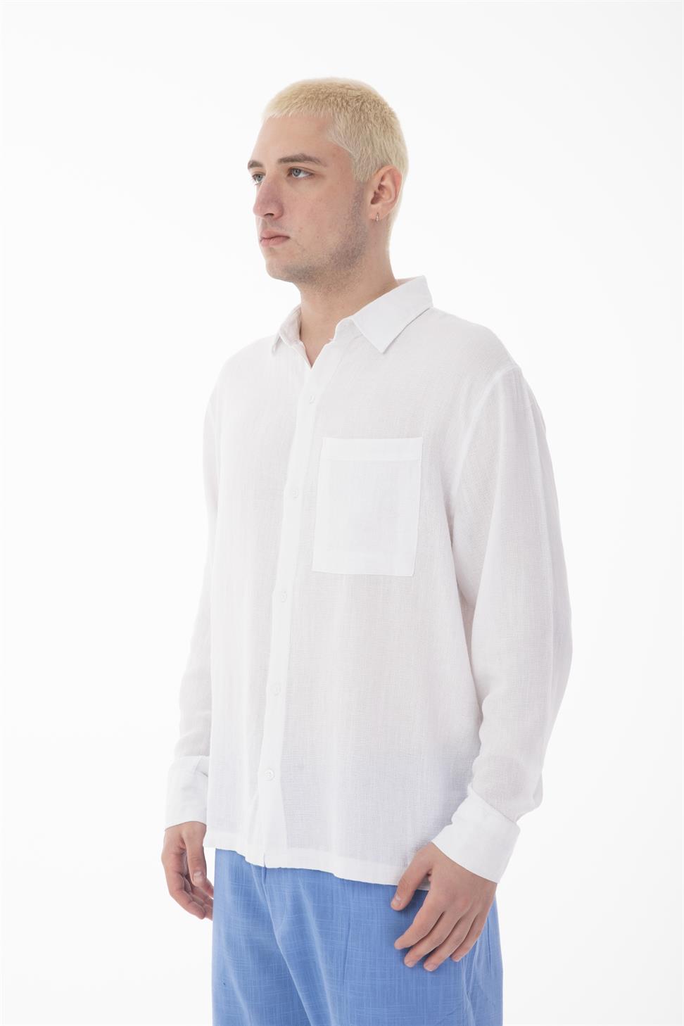 R-6054 Men’s Stand Collar Single Pocket Long Sleeve Etamine Shirt – White