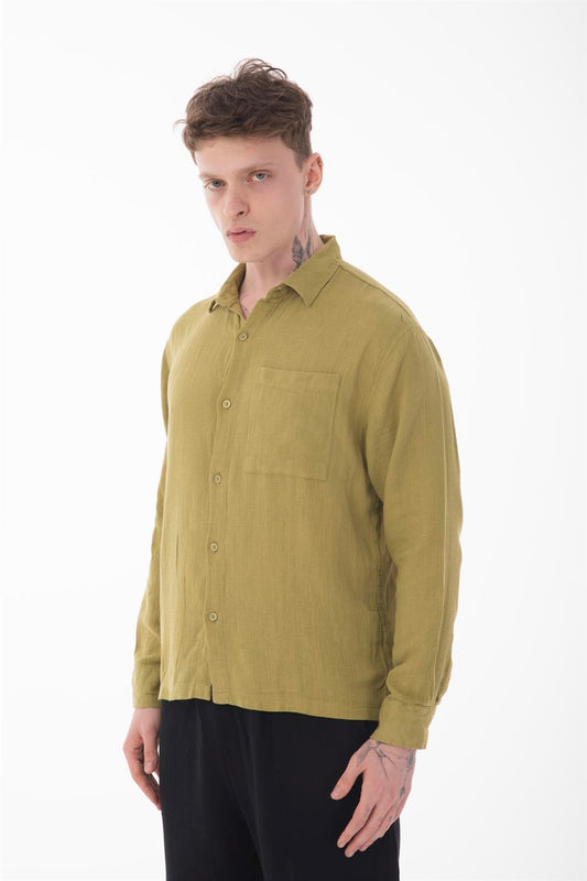 R-6054 Men’s Stand Collar Single Pocket Long Sleeve Etamine Shirt – Green