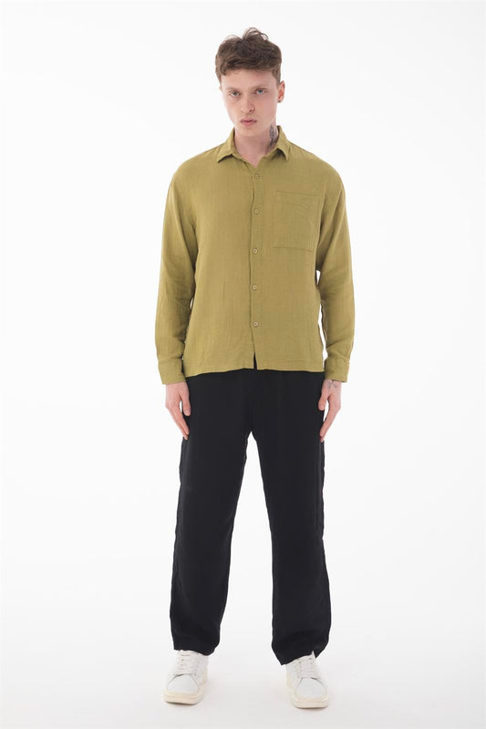 R-6054 Men’s Stand Collar Single Pocket Long Sleeve Etamine Shirt – Green
