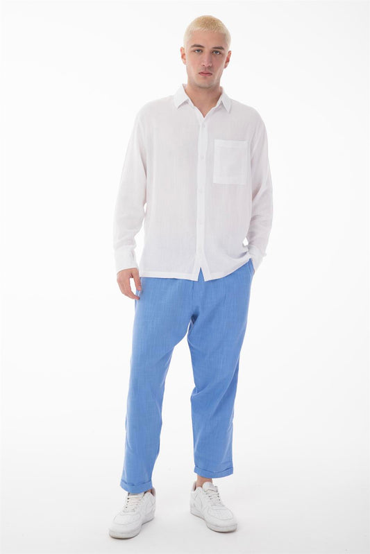 R-6054 Men’s Stand Collar Single Pocket Long Sleeve Etamine Shirt – White