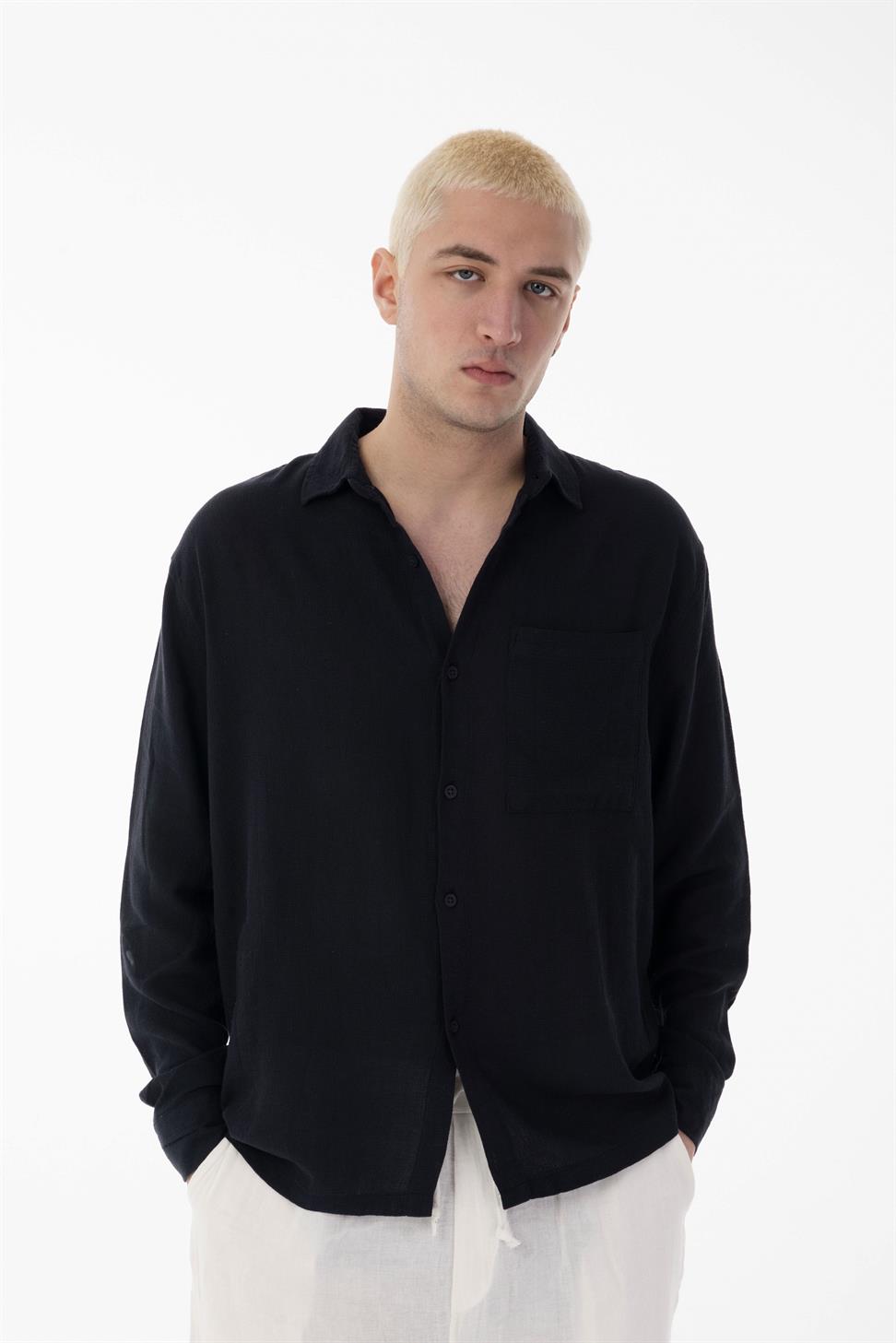 R-6054Men’s Stand Collar Single Pocket Long Sleeve Etamine Shirt – Black
