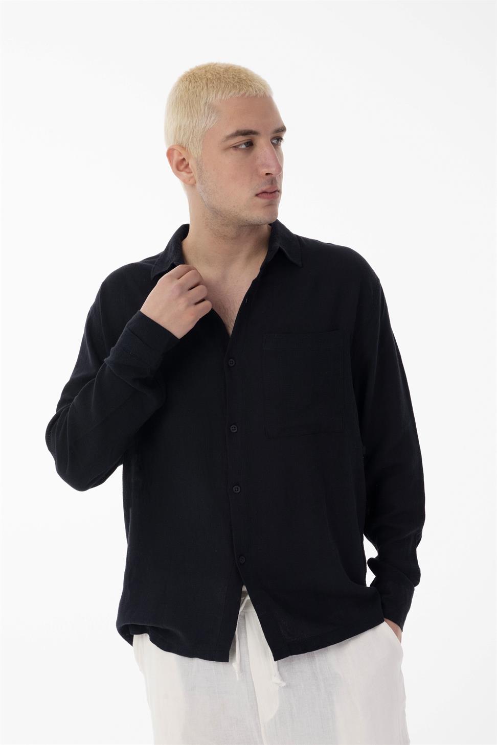 R-6054Men’s Stand Collar Single Pocket Long Sleeve Etamine Shirt – Black