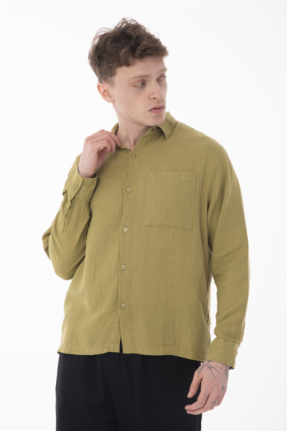 R-6054 Men’s Stand Collar Single Pocket Long Sleeve Etamine Shirt – Green