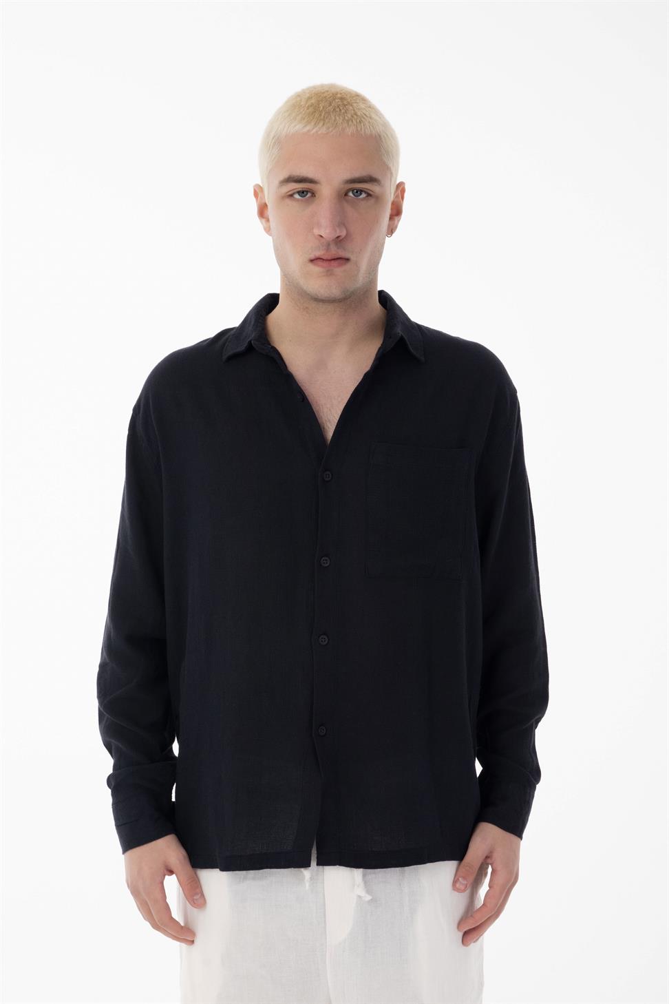 R-6054Men’s Stand Collar Single Pocket Long Sleeve Etamine Shirt – Black