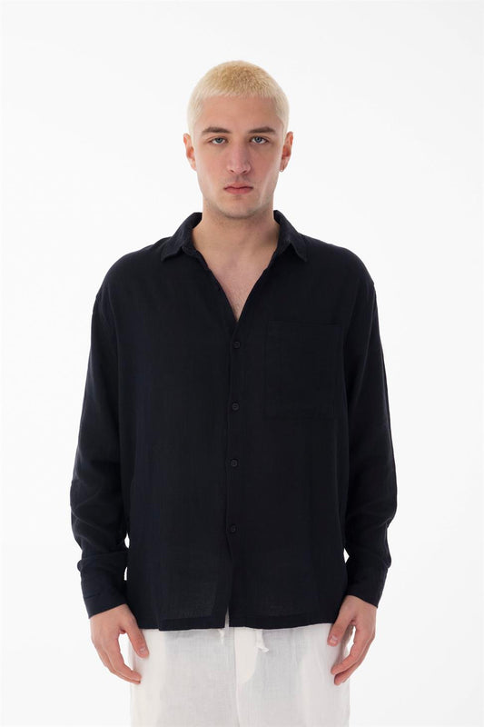R-6054Men’s Stand Collar Single Pocket Long Sleeve Etamine Shirt – Black