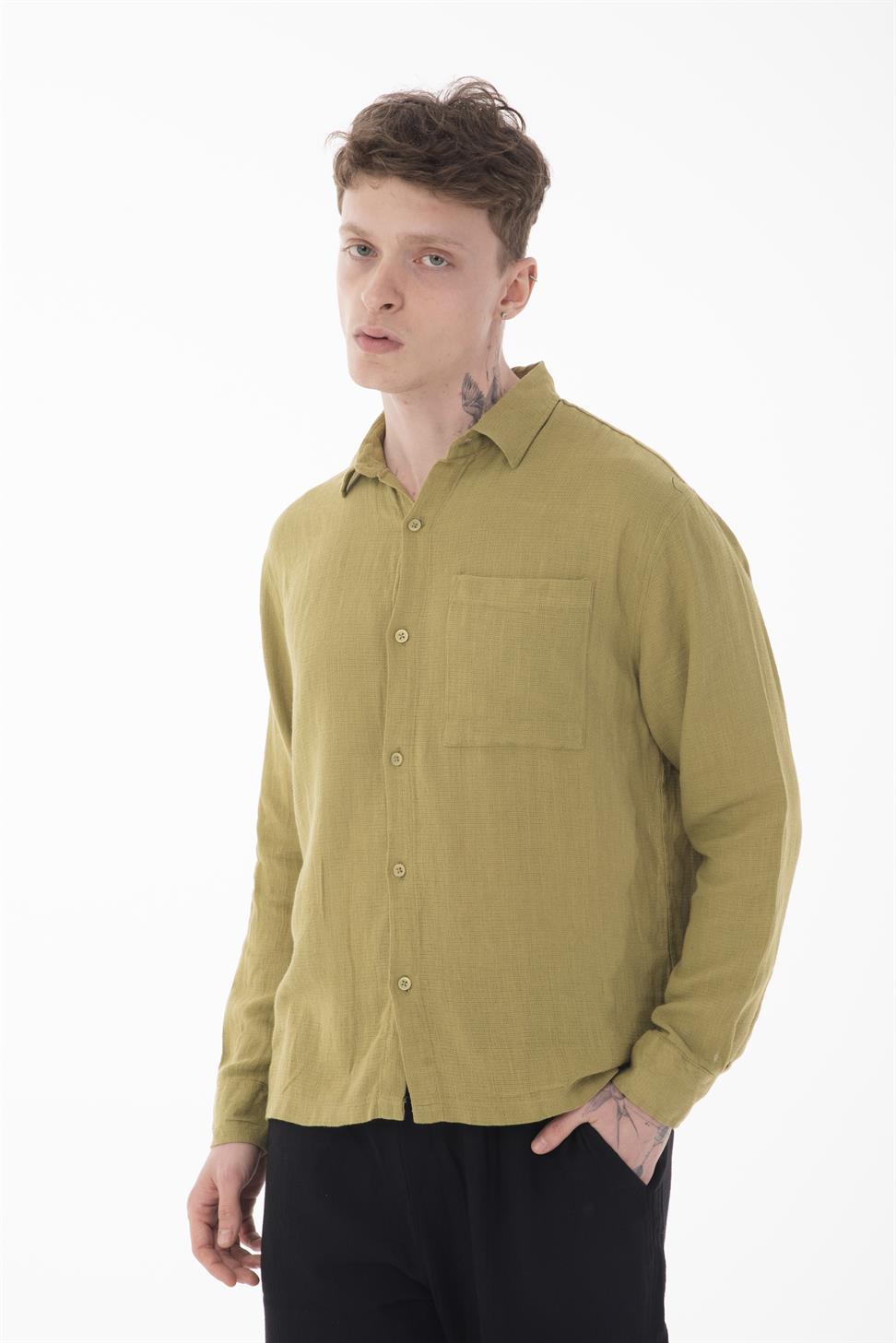 R-6054 Men’s Stand Collar Single Pocket Long Sleeve Etamine Shirt – Green