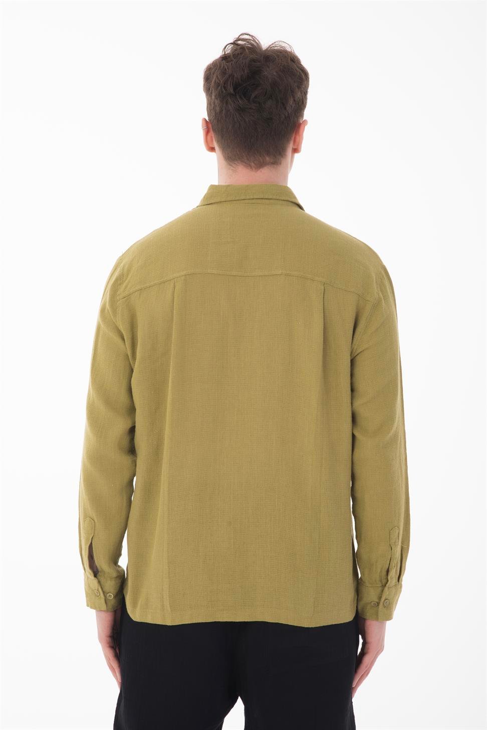 R-6054 Men’s Stand Collar Single Pocket Long Sleeve Etamine Shirt – Green