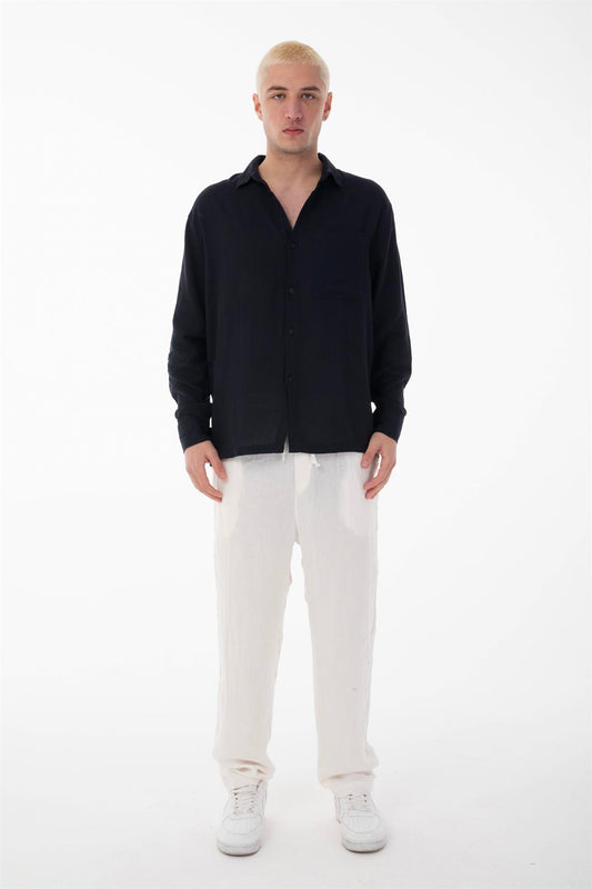 R-6054Men’s Stand Collar Single Pocket Long Sleeve Etamine Shirt – Black