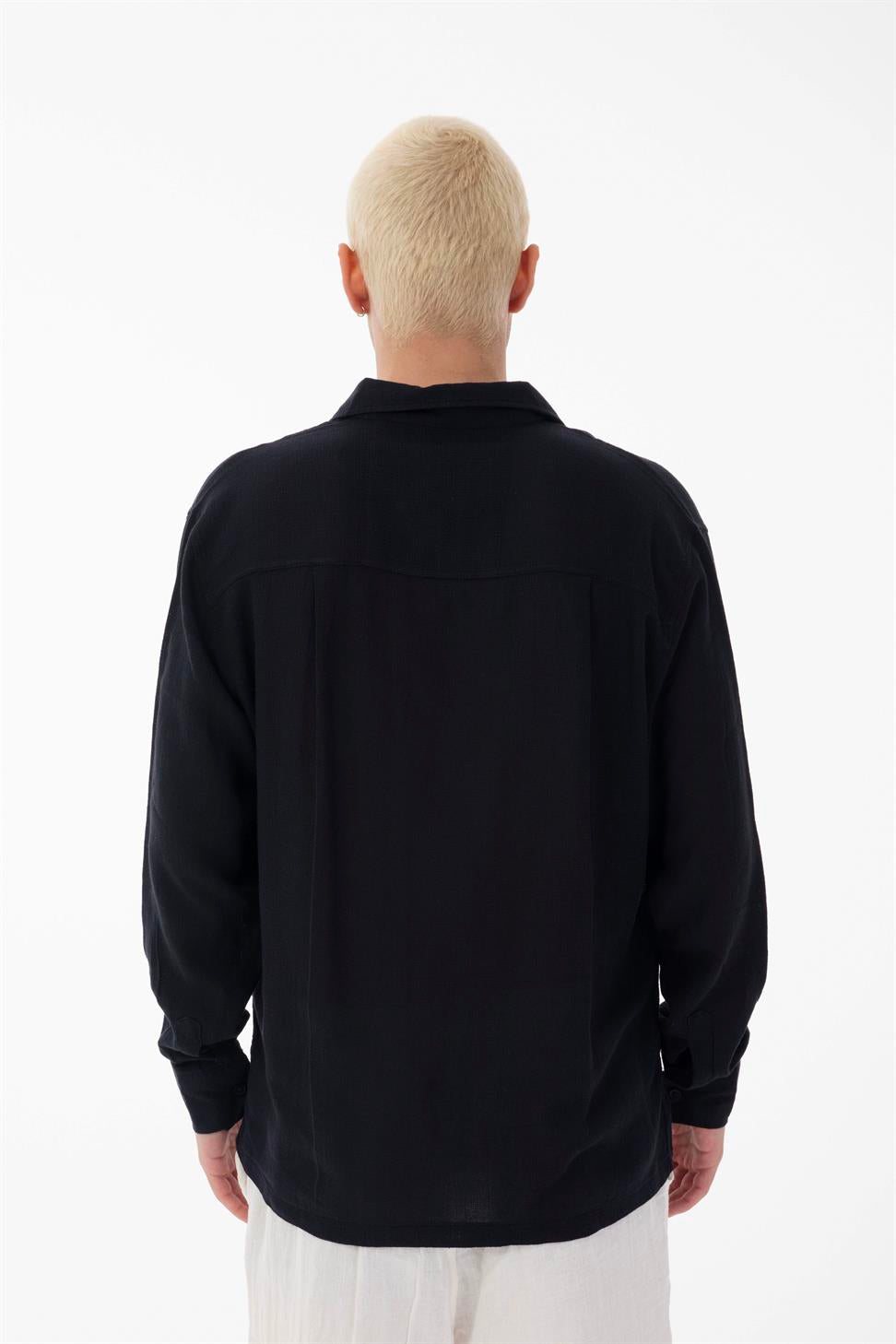 R-6054Men’s Stand Collar Single Pocket Long Sleeve Etamine Shirt – Black