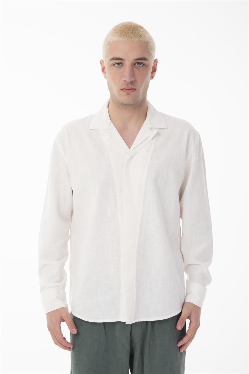 R-6059 Men’s Hidden Placket Long Sleeve Shirt – White