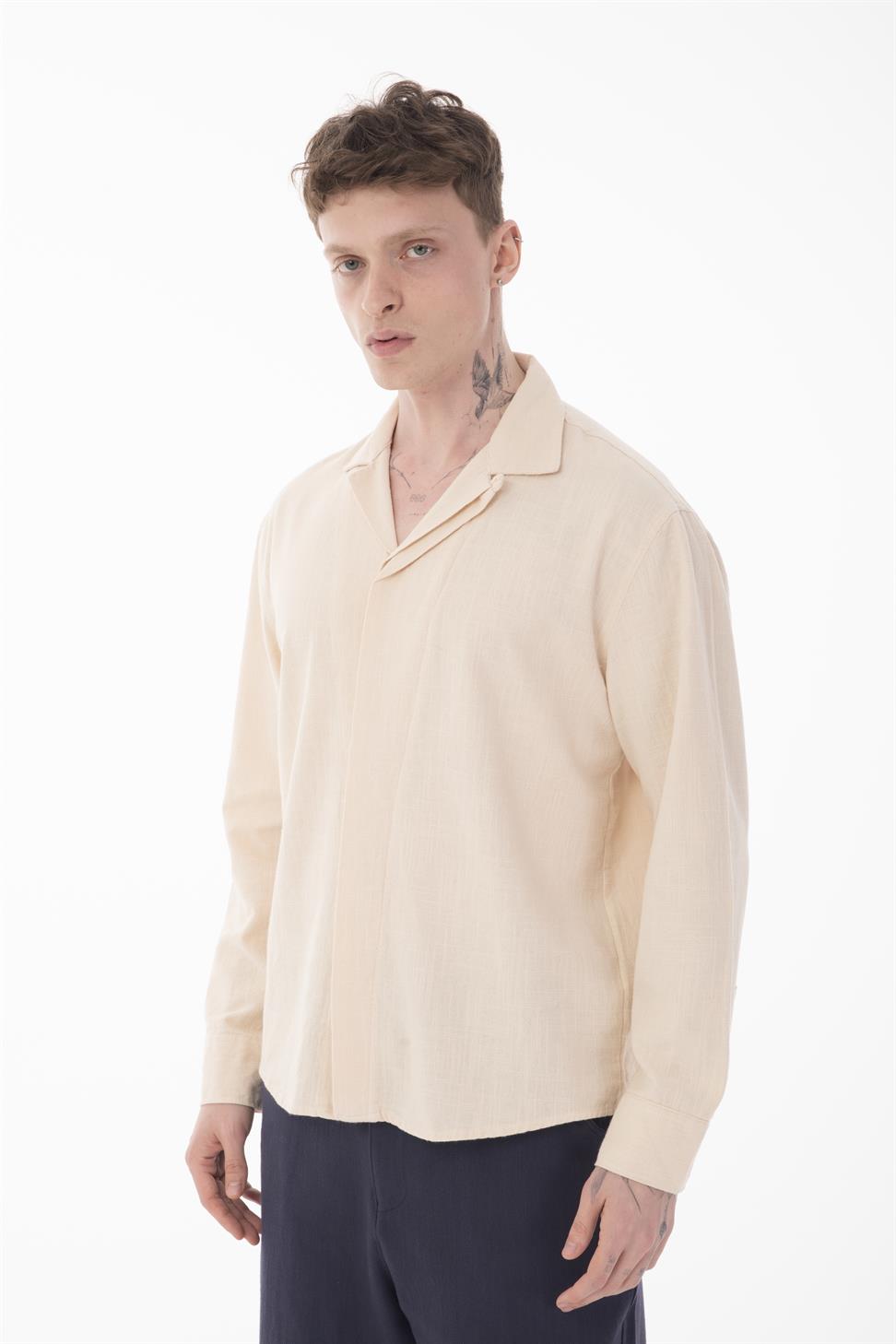 R-6059 Men’s Hidden Placket Long Sleeve Shirt – Beige