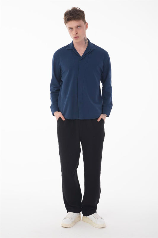 R-6059 Men’s Hidden Placket Long Sleeve Shirt – Navy Blue