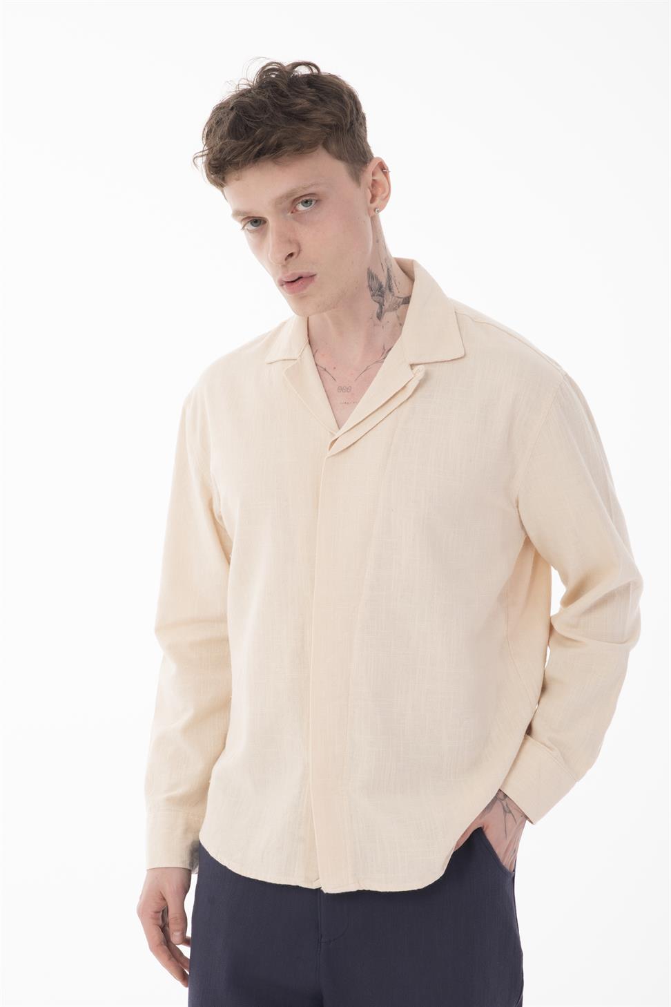 R-6059 Men’s Hidden Placket Long Sleeve Shirt – Beige