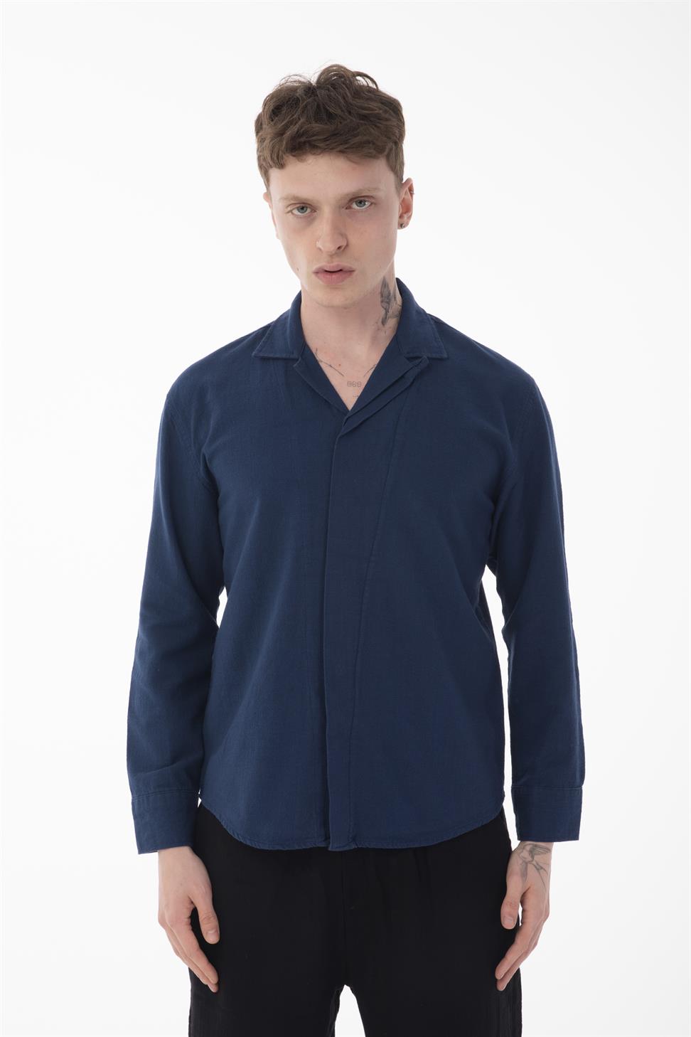 R-6059 Men’s Hidden Placket Long Sleeve Shirt – Navy Blue