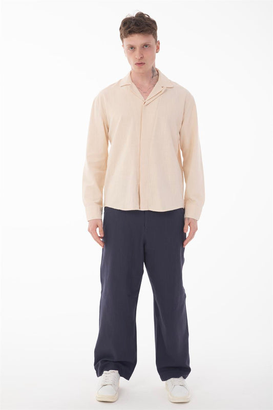 R-6059 Men’s Hidden Placket Long Sleeve Shirt – Beige