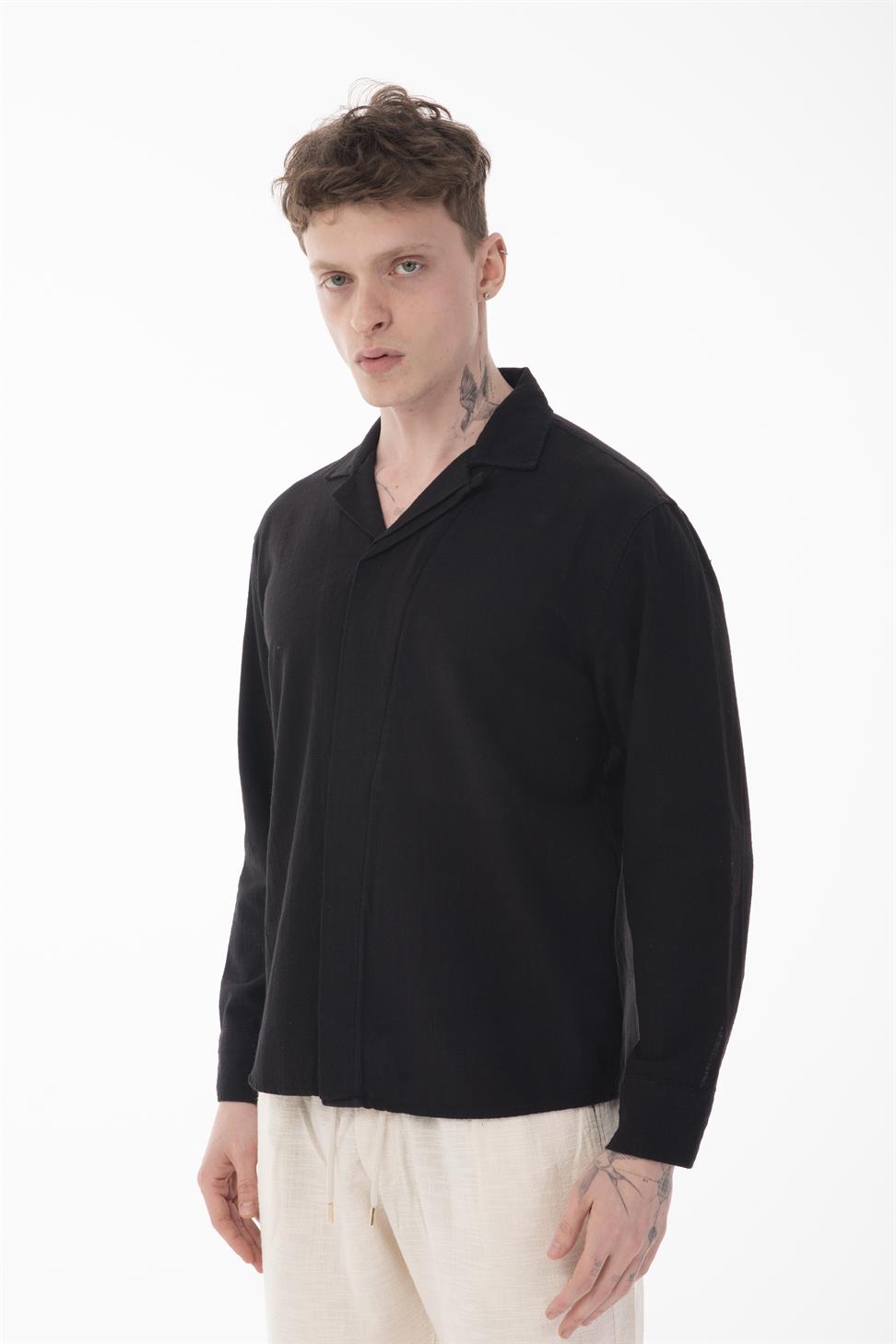 R-6059 Men’s Hidden Placket Long Sleeve Shirt – Black
