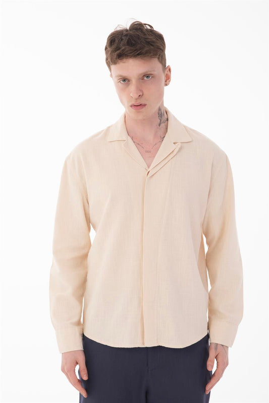 R-6059 Men’s Hidden Placket Long Sleeve Shirt – Beige