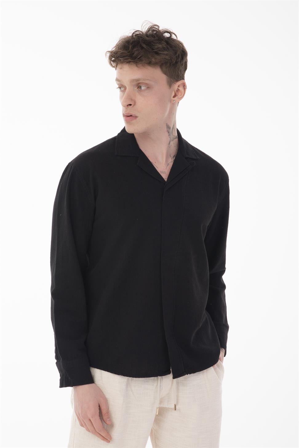 R-6059 Men’s Hidden Placket Long Sleeve Shirt – Black
