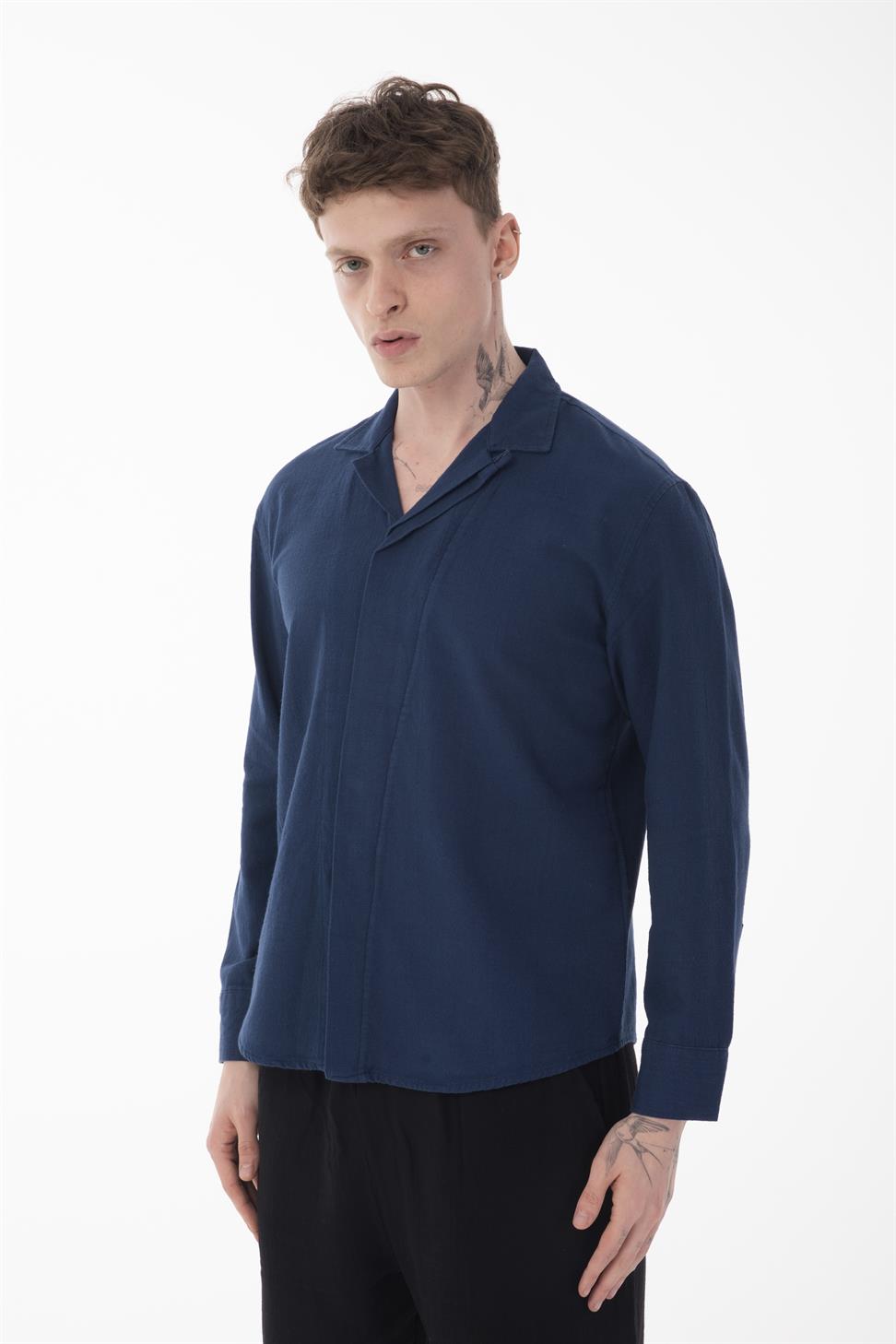 R-6059 Men’s Hidden Placket Long Sleeve Shirt – Navy Blue