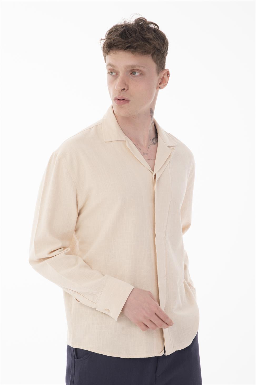 R-6059 Men’s Hidden Placket Long Sleeve Shirt – Beige
