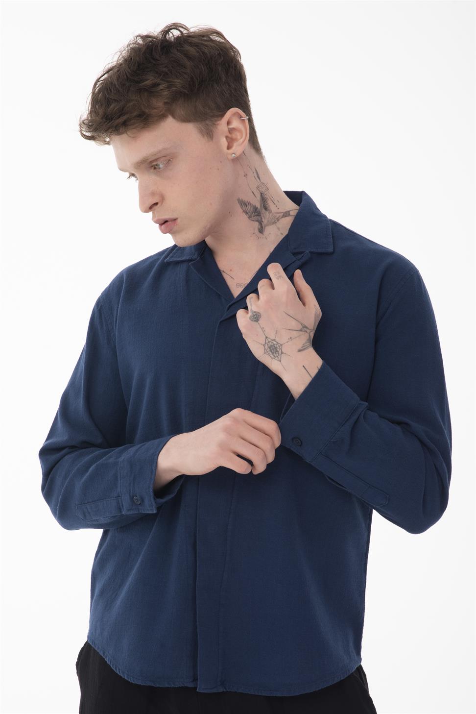 R-6059 Men’s Hidden Placket Long Sleeve Shirt – Navy Blue
