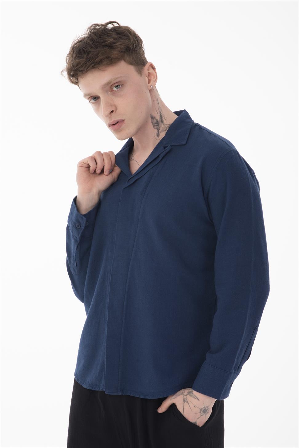 R-6059 Men’s Hidden Placket Long Sleeve Shirt – Navy Blue