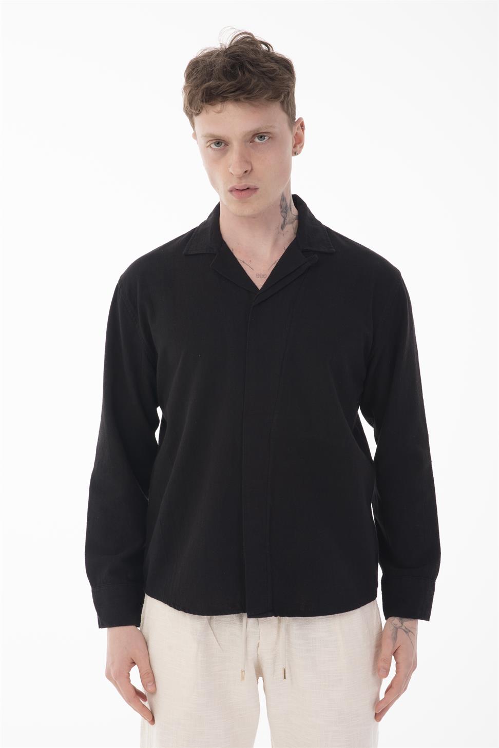 R-6059 Men’s Hidden Placket Long Sleeve Shirt – Black