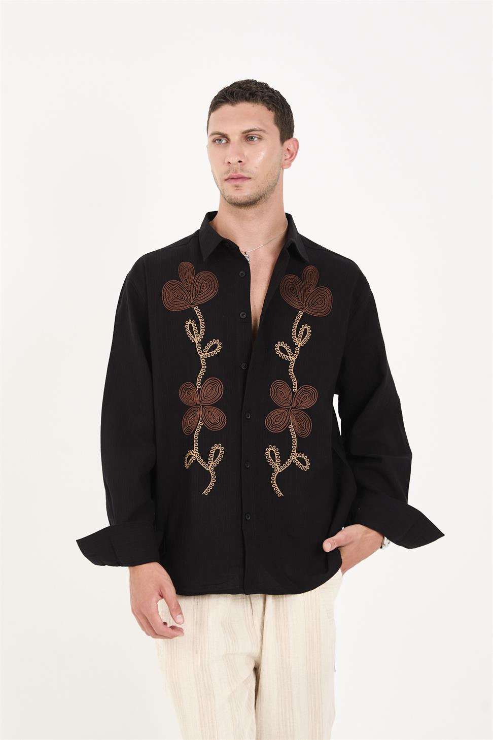 R-6093 R-6093 Men’s 100% Cotton Self-Striped Woven Shirt – Black Long Sleeve with Embroidery Detail