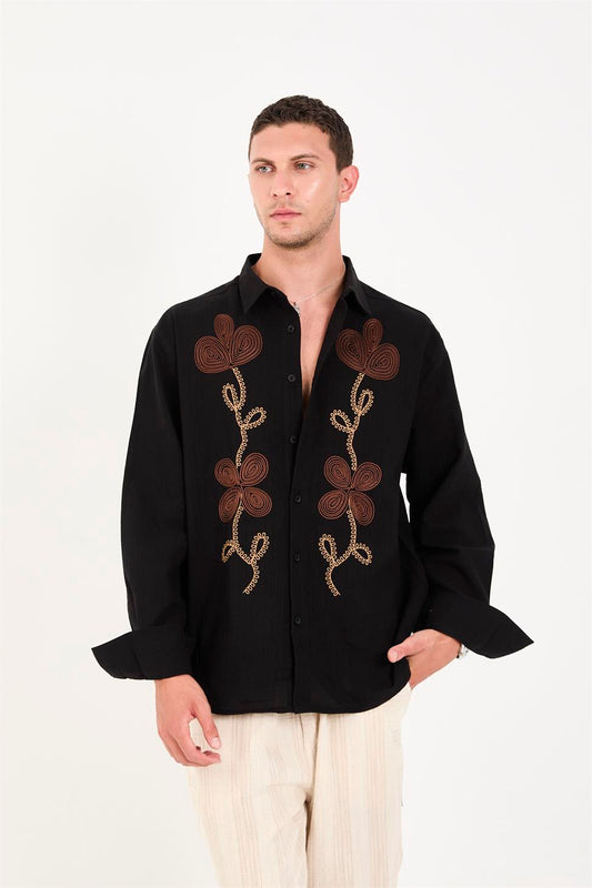 R-6093 R-6093 Men’s 100% Cotton Self-Striped Woven Shirt – Black Long Sleeve with Embroidery Detail