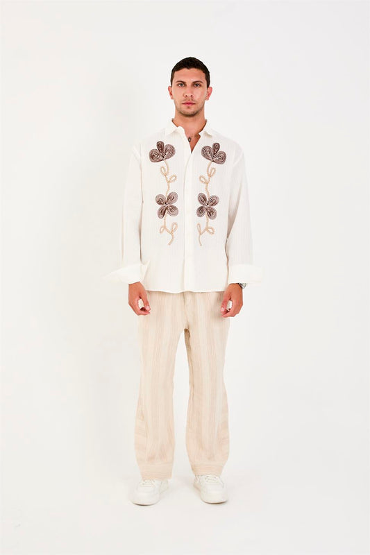 R-6093 R-6093 Men’s 100% Cotton Self-Striped Woven Shirt – White Long Sleeve with Embroidery Detail