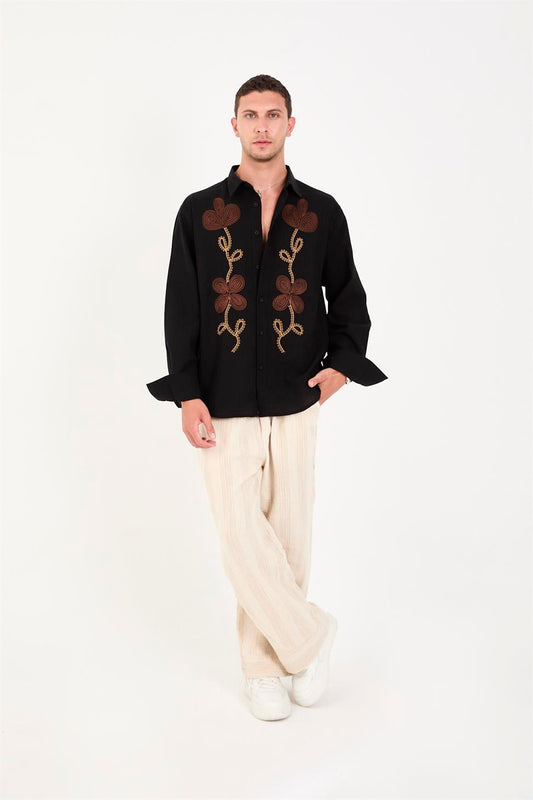 R-6093 R-6093 Men’s 100% Cotton Self-Striped Woven Shirt – Black Long Sleeve with Embroidery Detail
