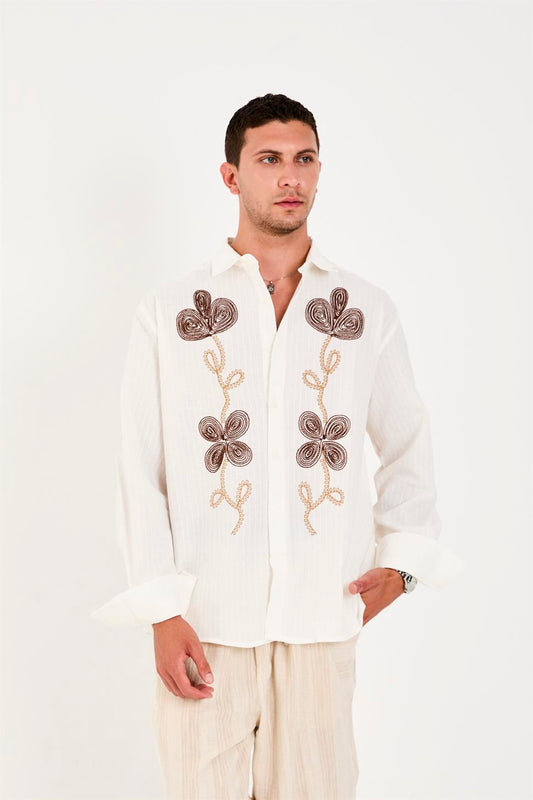 R-6093 R-6093 Men’s 100% Cotton Self-Striped Woven Shirt – White Long Sleeve with Embroidery Detail