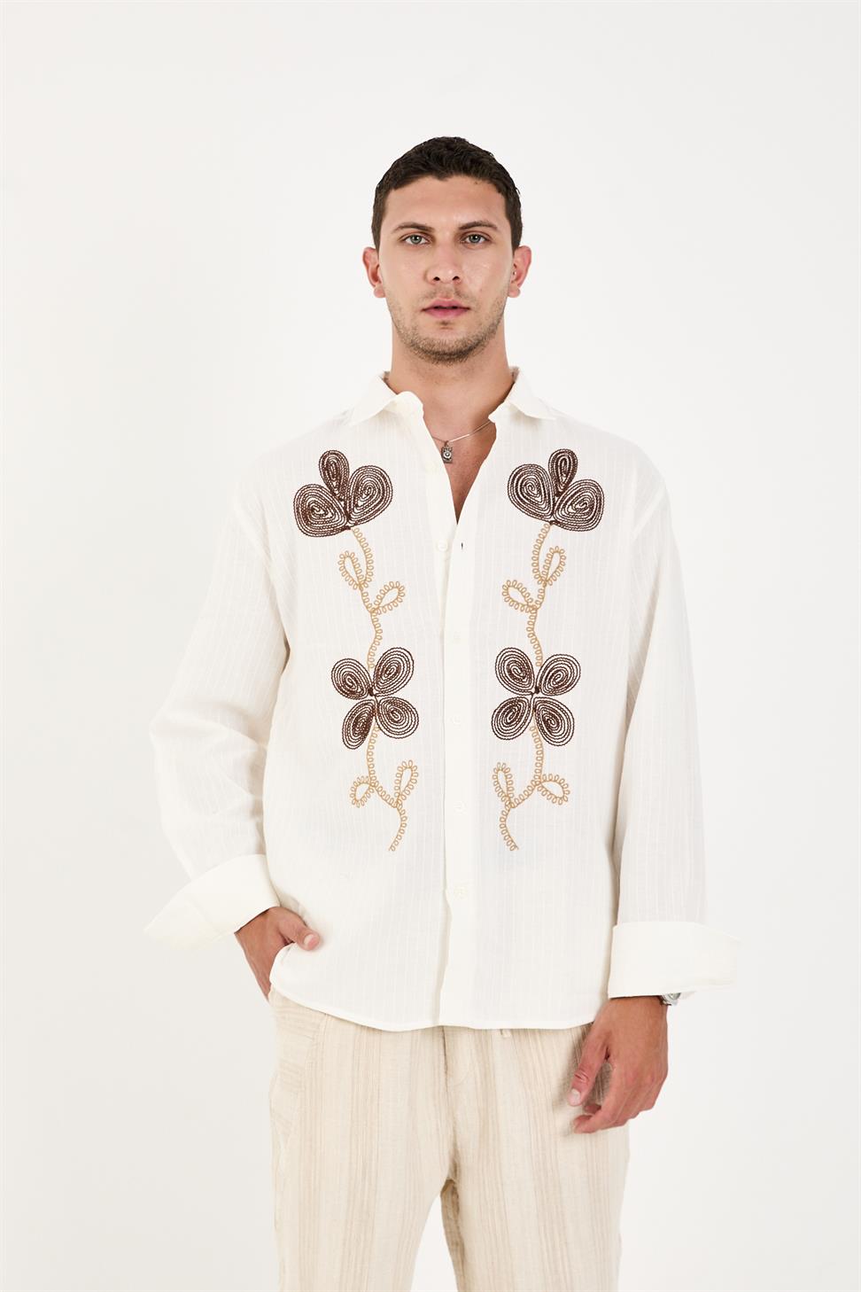 R-6093 R-6093 Men’s 100% Cotton Self-Striped Woven Shirt – White Long Sleeve with Embroidery Detail