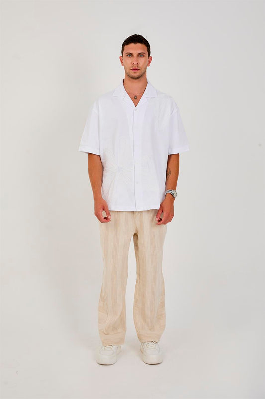R-6094 Men’s 100% Cotton Supima Jersey Shirt – White Short Sleeve with Subtle Floral Embroidery