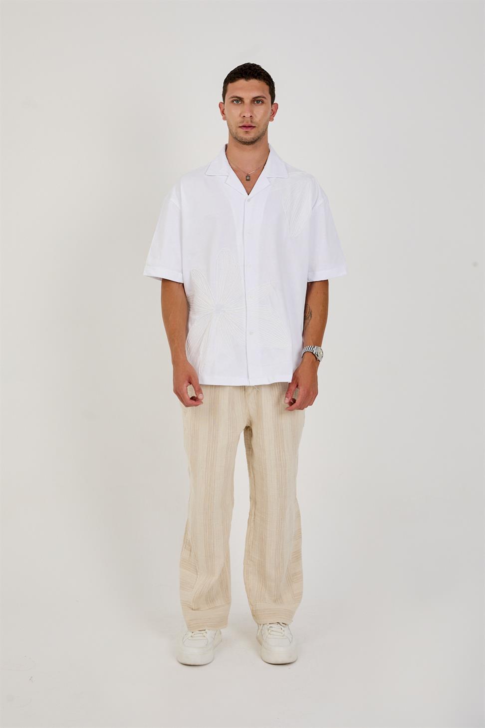 R-6094 Men’s 100% Cotton Supima Jersey Shirt – White Short Sleeve with Subtle Floral Embroidery