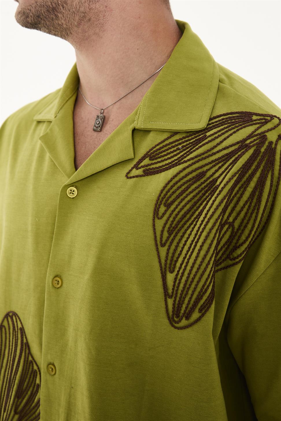 R-6094 R-6094 Men’s 100% Cotton Supima Jersey Shirt – Green Short Sleeve with Subtle Floral Embroidery