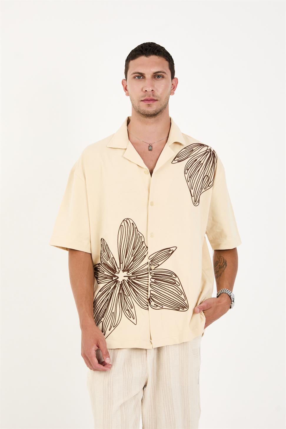 R-6094R-6094 Men’s 100% Cotton Supima Jersey Shirt – Beige Short Sleeve with Subtle Floral Embroidery