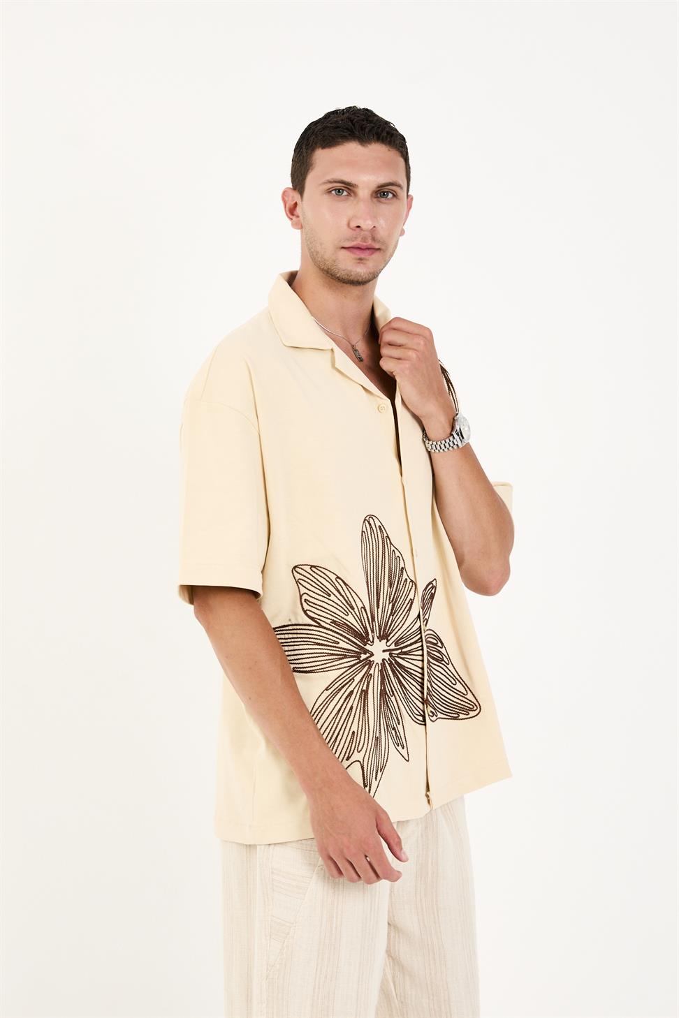 R-6094R-6094 Men’s 100% Cotton Supima Jersey Shirt – Beige Short Sleeve with Subtle Floral Embroidery
