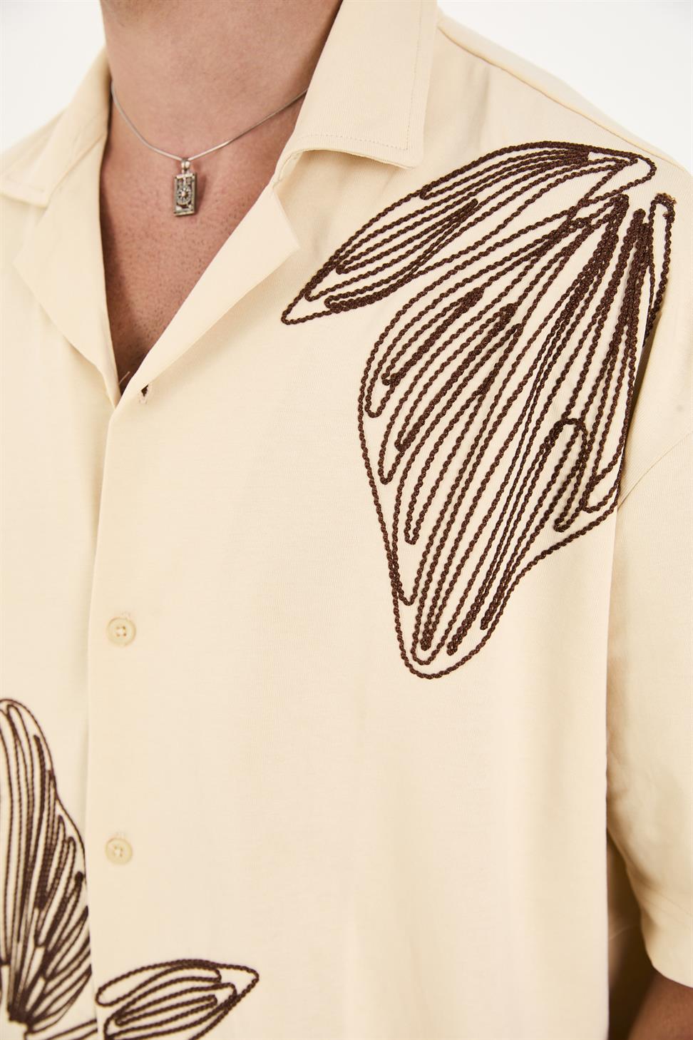 R-6094R-6094 Men’s 100% Cotton Supima Jersey Shirt – Beige Short Sleeve with Subtle Floral Embroidery