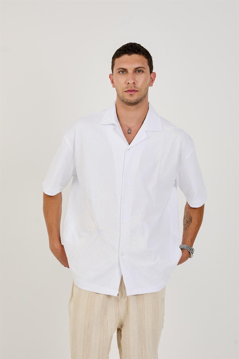 R-6094 Men’s 100% Cotton Supima Jersey Shirt – White Short Sleeve with Subtle Floral Embroidery