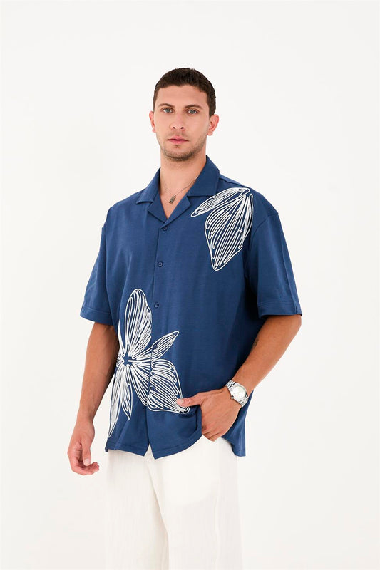 R-6094 R-6094 Men’s 100% Cotton Supima Jersey Shirt – Navy Short Sleeve with Subtle Floral Embroidery