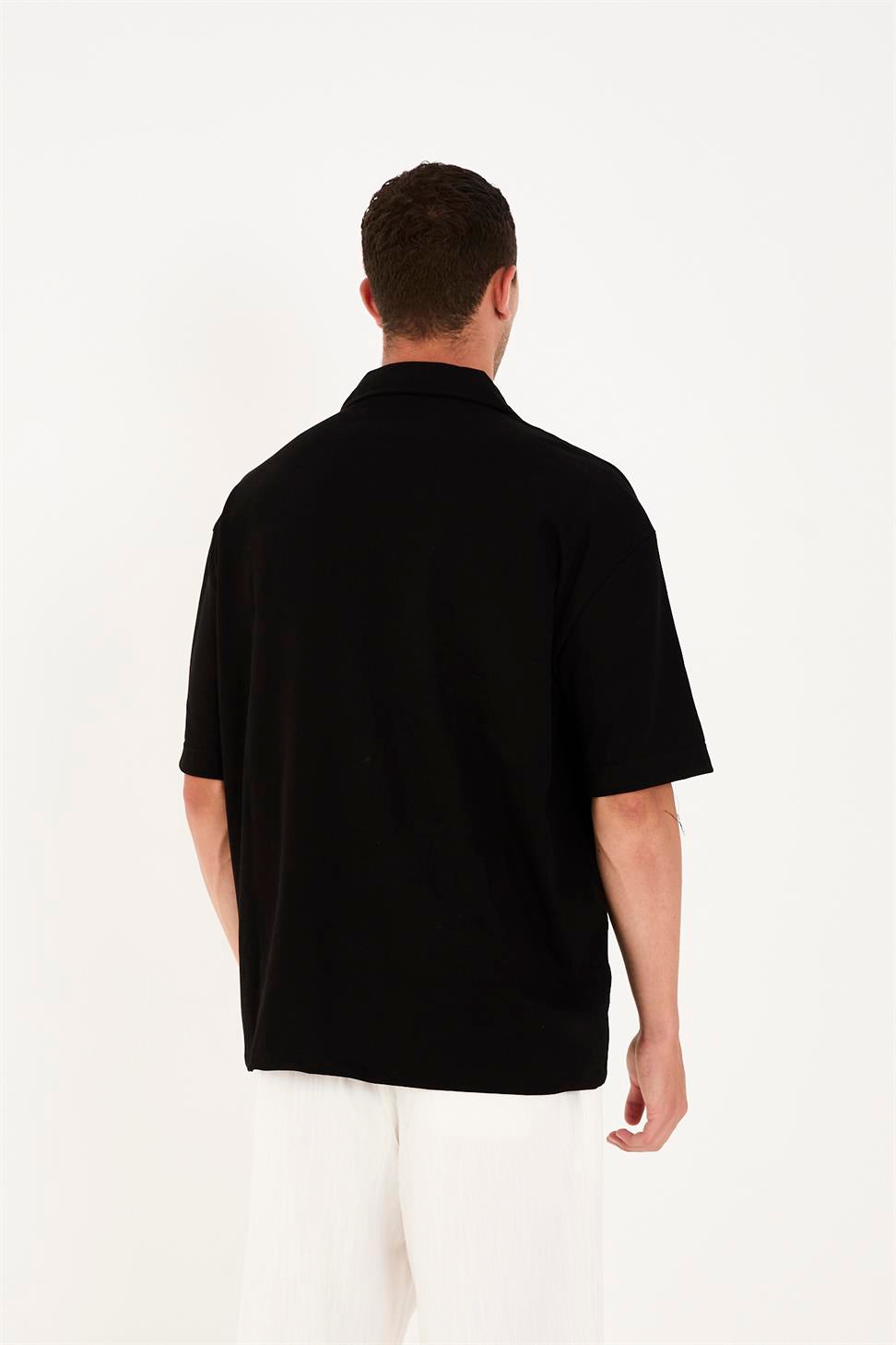 R-6094 Men’s 100% Cotton Supima Jersey Shirt – Black Short Sleeve with White Floral Embroidery