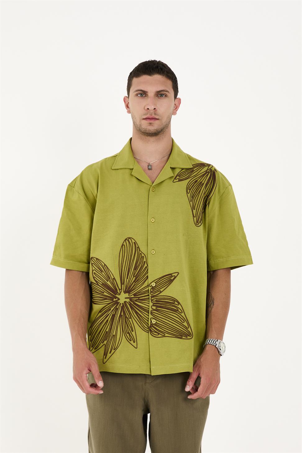 R-6094 R-6094 Men’s 100% Cotton Supima Jersey Shirt – Green Short Sleeve with Subtle Floral Embroidery