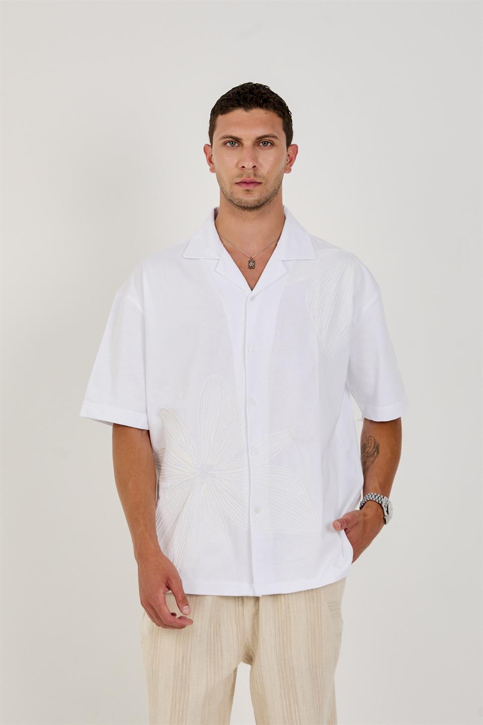 R-6094 Men’s 100% Cotton Supima Jersey Shirt – White Short Sleeve with Subtle Floral Embroidery