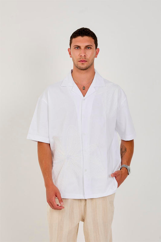 R-6094 Men’s 100% Cotton Supima Jersey Shirt – White Short Sleeve with Subtle Floral Embroidery