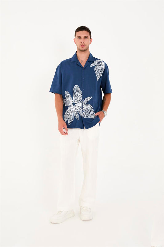 R-6094 R-6094 Men’s 100% Cotton Supima Jersey Shirt – Navy Short Sleeve with Subtle Floral Embroidery