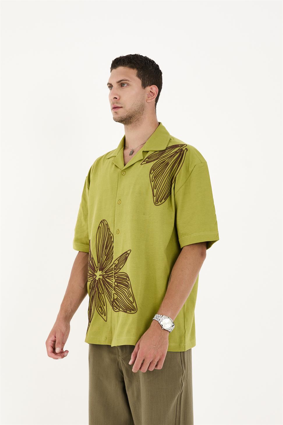 R-6094 R-6094 Men’s 100% Cotton Supima Jersey Shirt – Green Short Sleeve with Subtle Floral Embroidery