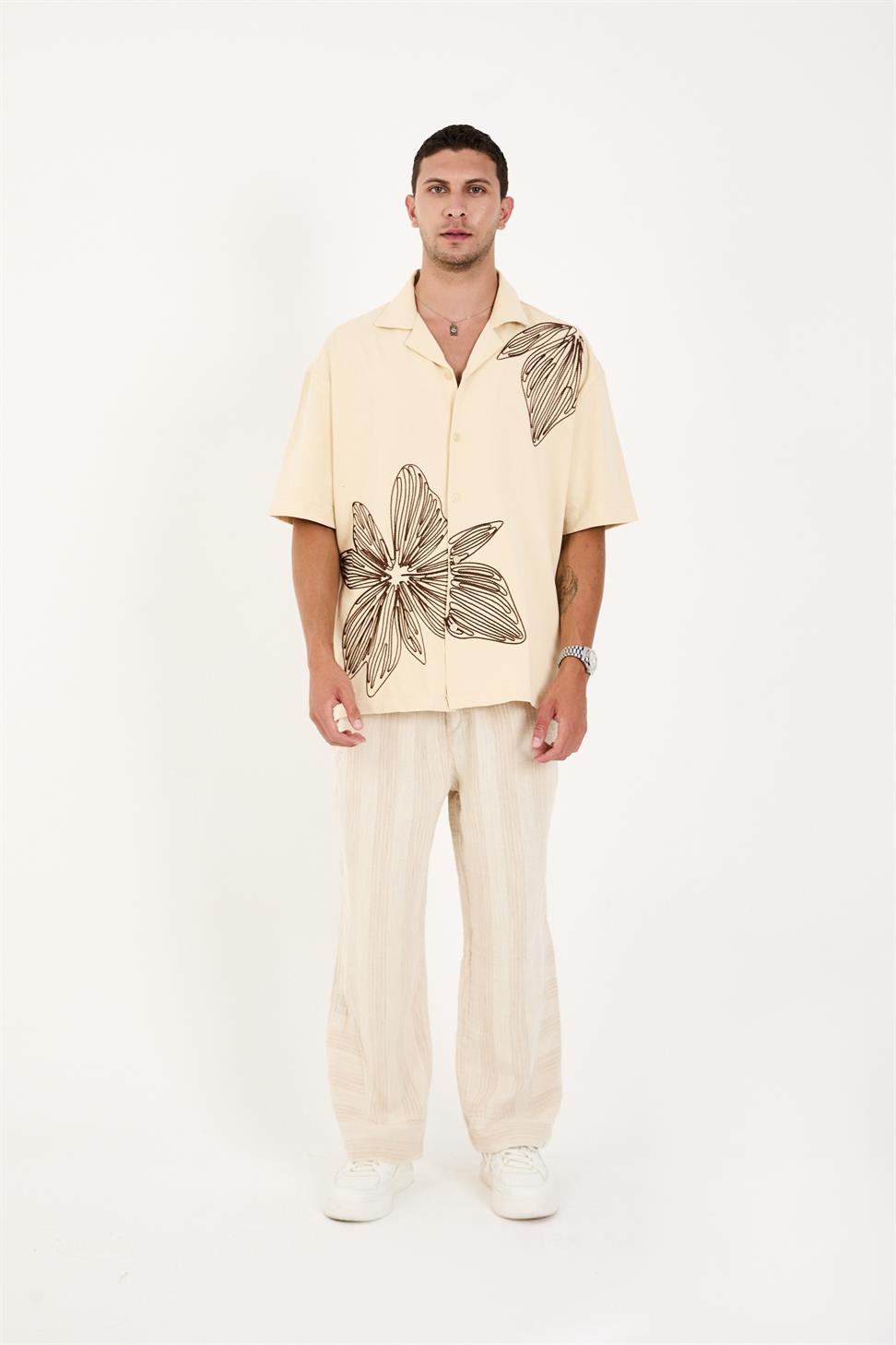 R-6094R-6094 Men’s 100% Cotton Supima Jersey Shirt – Beige Short Sleeve with Subtle Floral Embroidery