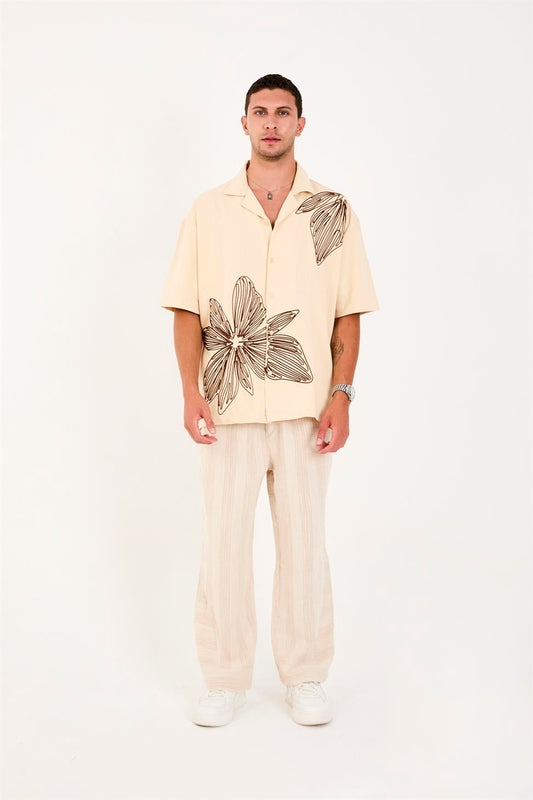 R-6094R-6094 Men’s 100% Cotton Supima Jersey Shirt – Beige Short Sleeve with Subtle Floral Embroidery