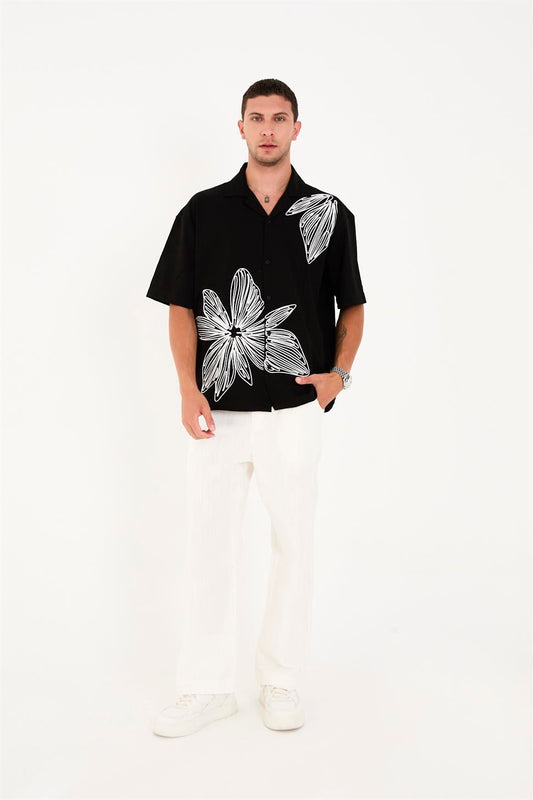 R-6094 Men’s 100% Cotton Supima Jersey Shirt – Black Short Sleeve with White Floral Embroidery